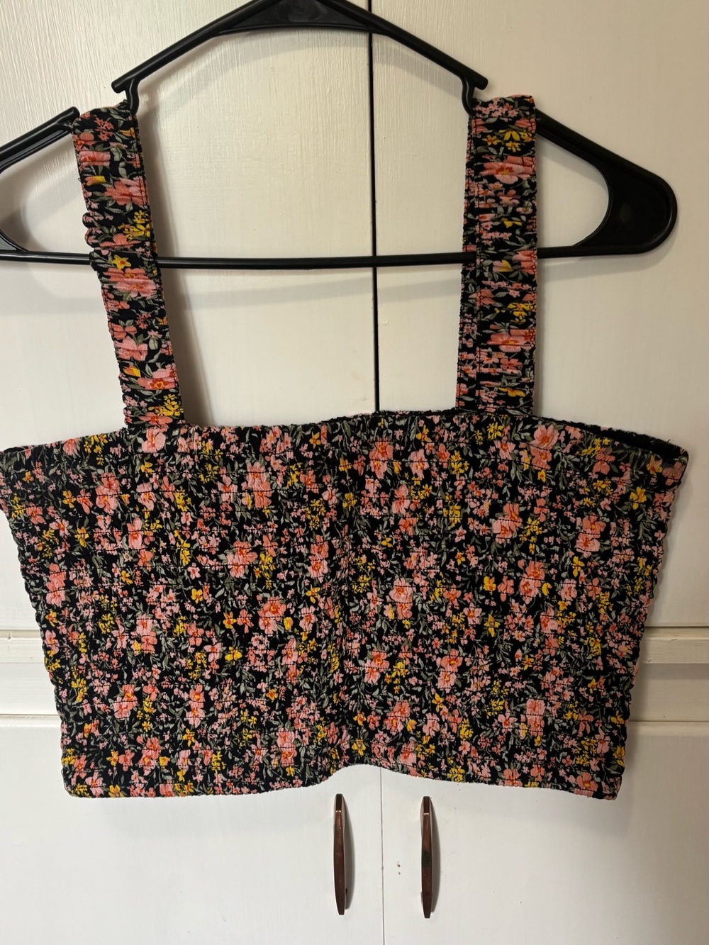 Floral Smocked Crop Top - Black with Pink & Yellow Flowers